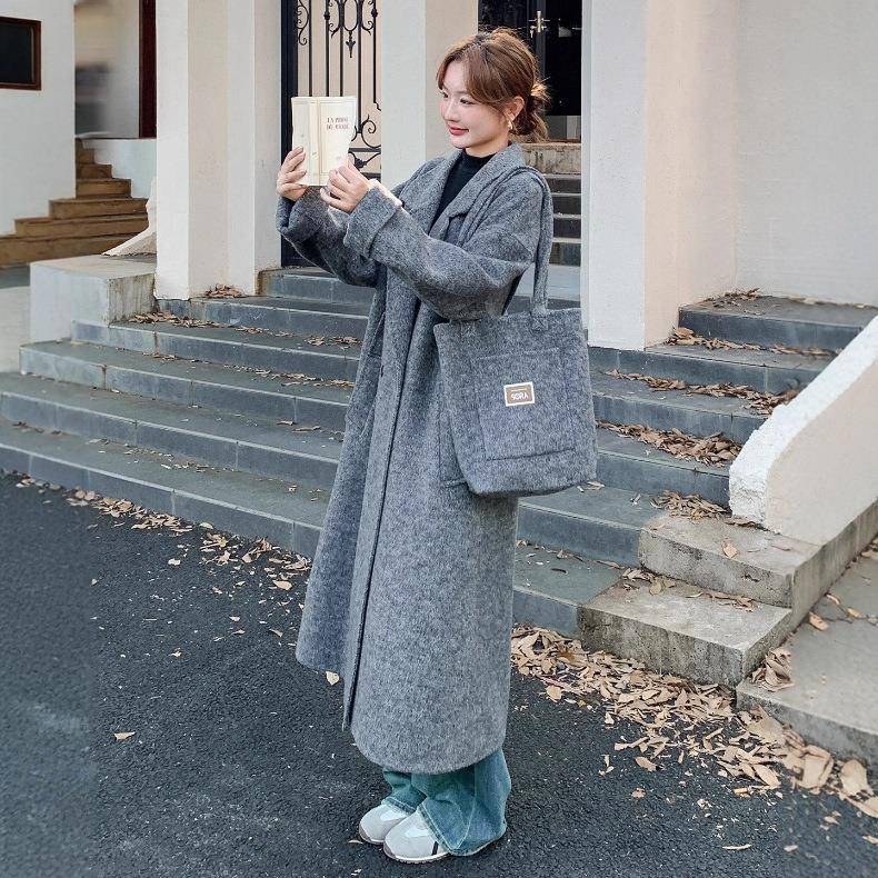灰韩版色羊文艺范挎毛包装饰双面呢大衣女202C075- 865秋冬季新款