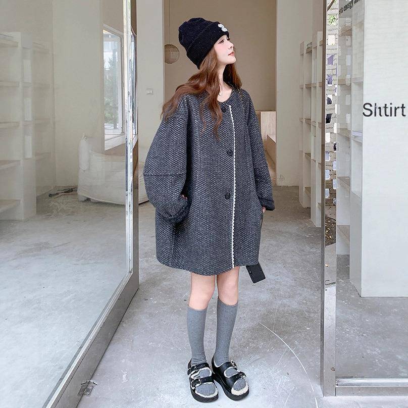 韩系灰格C373-261纹双色面绒大衣款女中长款羊2025秋冬新气质羊毛