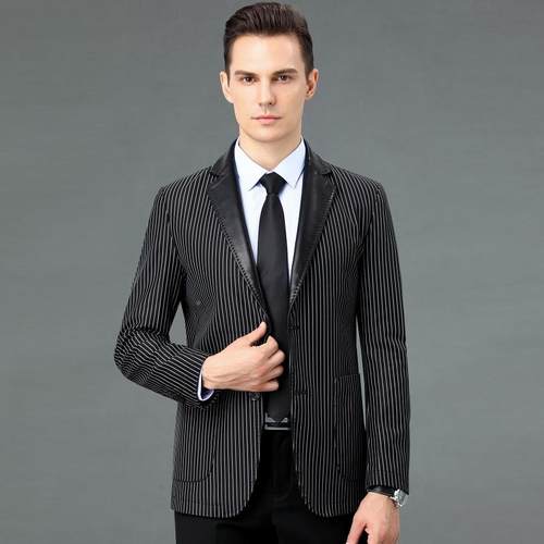 秋冬皮海绵羊男士服休闲皮西2227-F衣男西装领单西条纹皮夹宁克外