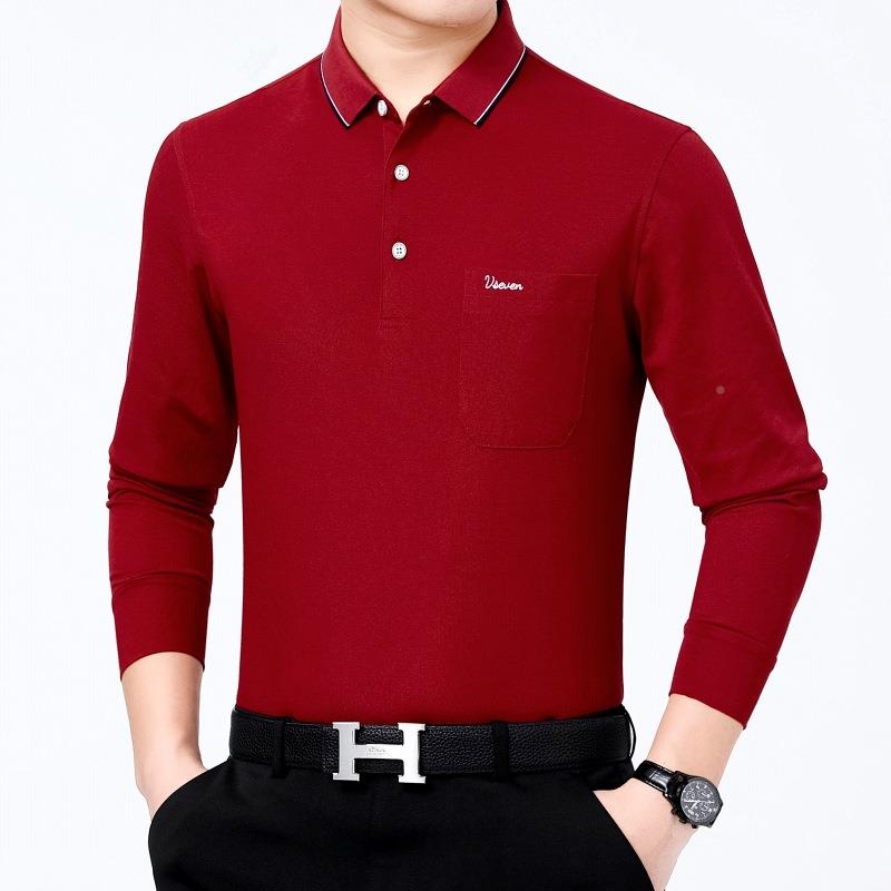 春高端男士长翻袖恤秋丝光棉休闲领上中1801-LL年纯色衣真口袋体