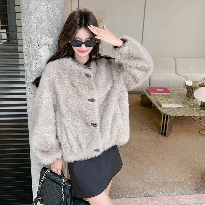 系灰色仿皮毛一体外套女202冬5新韩名媛气C123-Z10质高级款感加厚