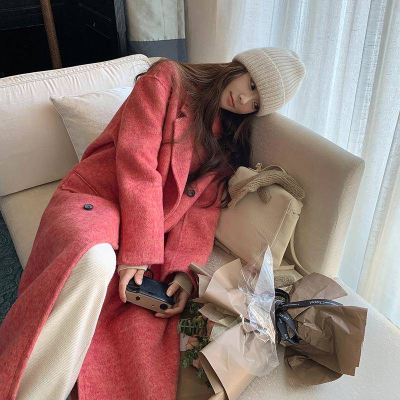 玫色粉长款双面质羊绒呢大衣2025新款女秋冬巨好看气装毛呢b229-8