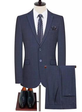 中青年格子宴西服套装新郎免AAC烫结婚婚礼男士西商装蓝色伴务郎