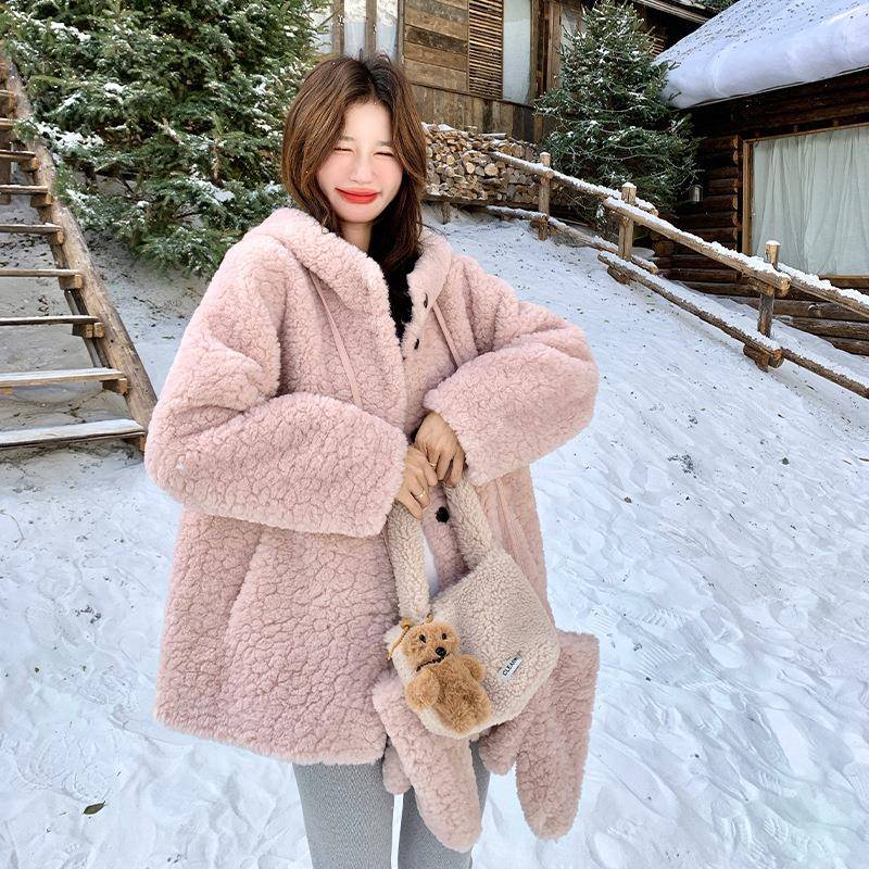 浅粉毛色学院风搭C312-520连帽2羊羔毛外套女20百5新款冬保暖仿皮