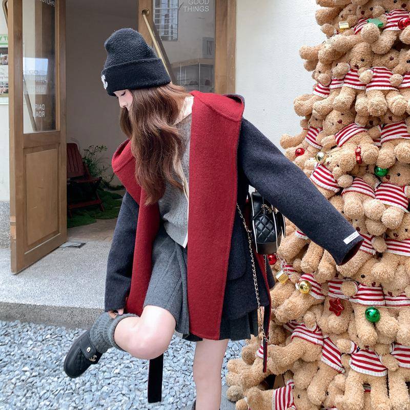 韩系撞色连帽外双面羊冬大衣女季202毛5新款高级感深灰色c182-811