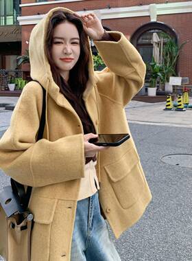 黄色学院风连帽外双面羊大衣女2025冬季新款韩绒C036-Y60版减宽松