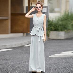 尚套装ME5615-0款女夏季新系阔带马甲上衣洋气时显瘦腿裤两件套