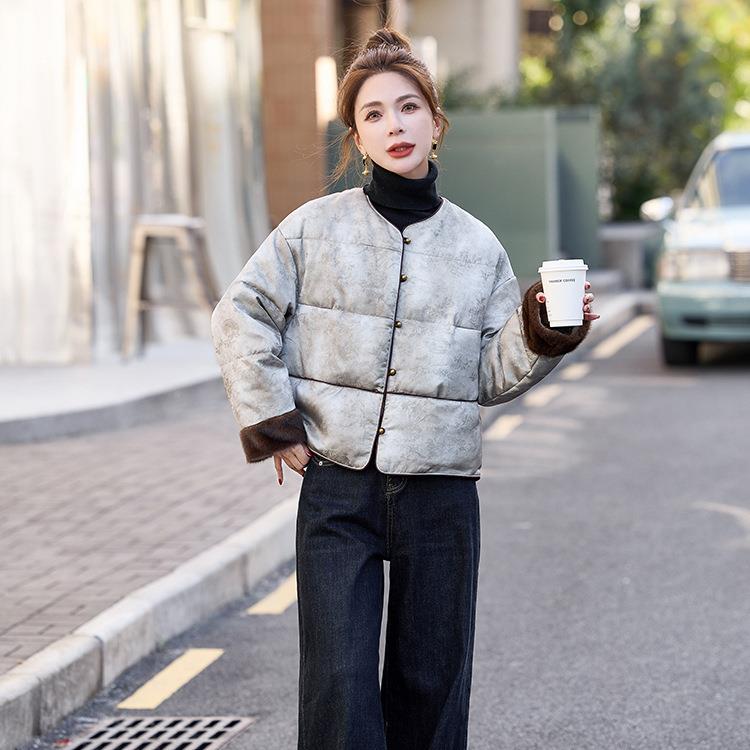 中式国风提花羽绒MY1031-1服女冬2024季时尚拼接毛毛个袖M小子外