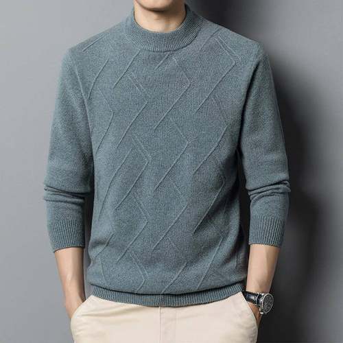 秋冬新款%男士100纯羊毛半9507-KK衫男高领毛衣套头绒纯色羊衫针