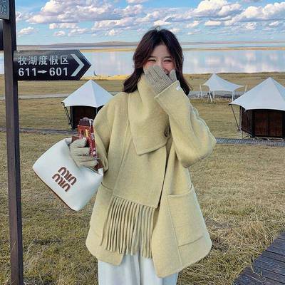 黄色双面女呢羊绒大衣秋冬0外25新款韩2版宽松高级感小个子毛D113