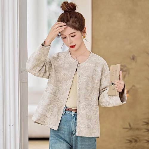 202YX86333-勤5秋季款女时尚气质通新中式高新级感绣刺圆领小外套