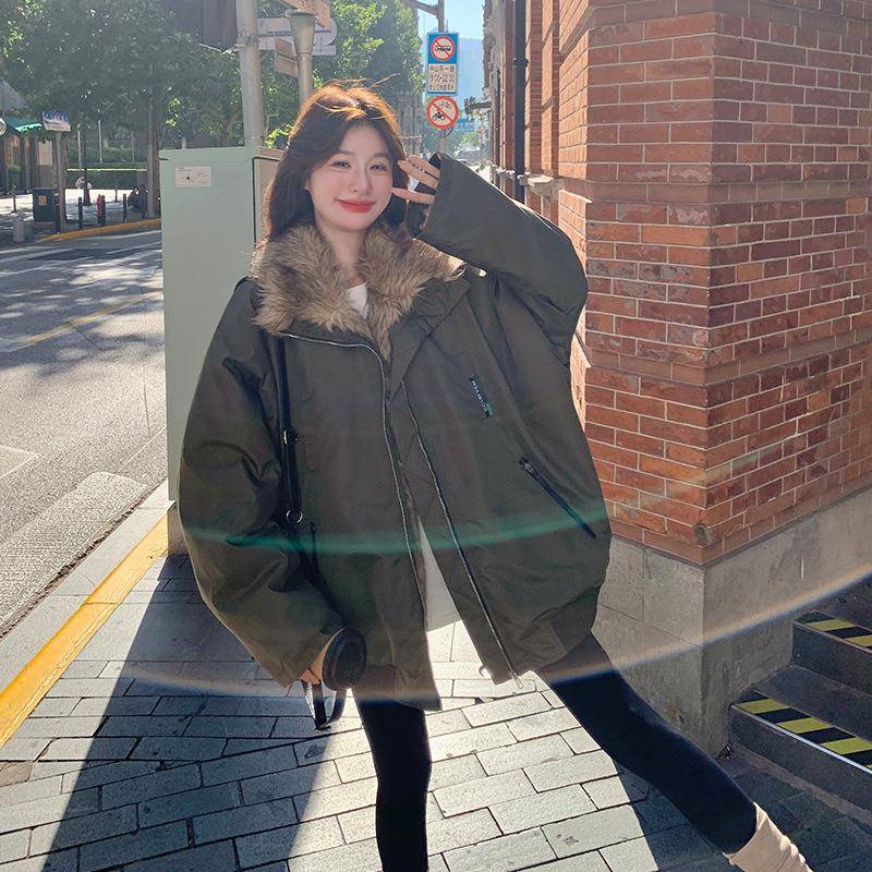 绿军色大毛领c073-583酷飒风工派克服季女冬2025新款加厚加绒羊羔