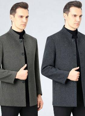 秋夹冬短款毛呢大衣RWQ男中年羊毛克立领装男士外双面呢派克服套