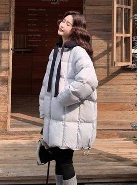 织帽浅蓝色羽绒服女025针冬季新款中长款减龄B306-AW1白2鸭绒面包