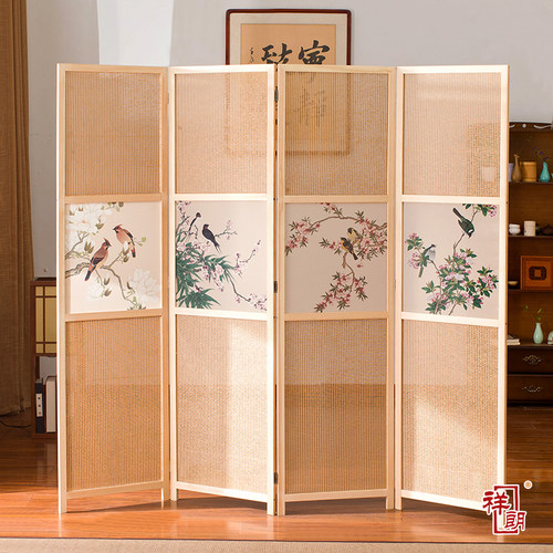 实木折屏祥朗布艺半透简约屏风隔