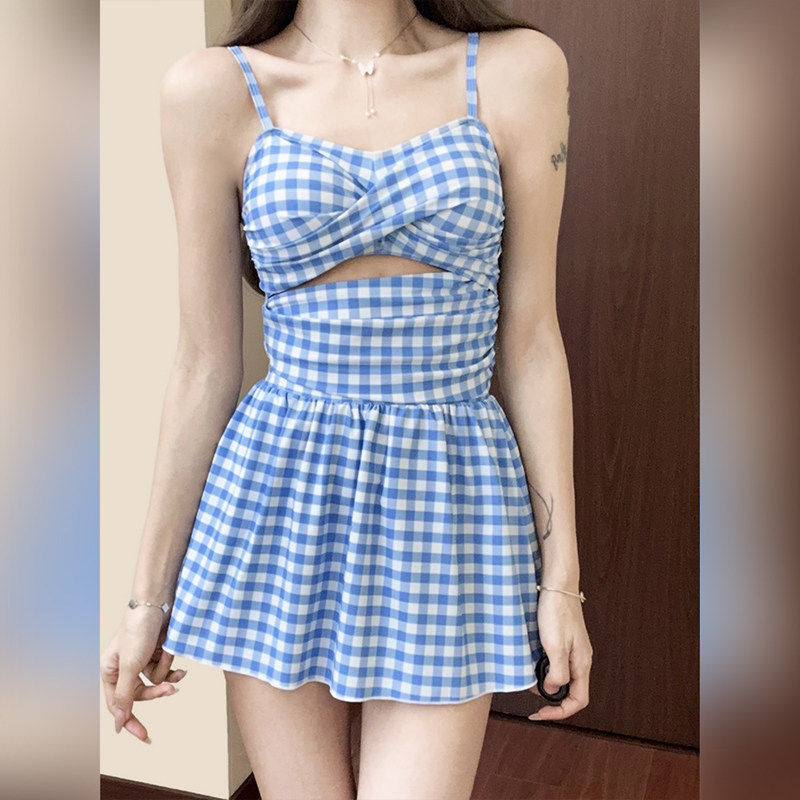 徐苏苏 法式格子绝美氛围感高级感2025新款显瘦保守泡温泉泳衣女