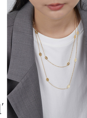 双层叠戴猪鼻子金色项链女长款