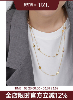 双层叠戴猪鼻子金色项链女长款