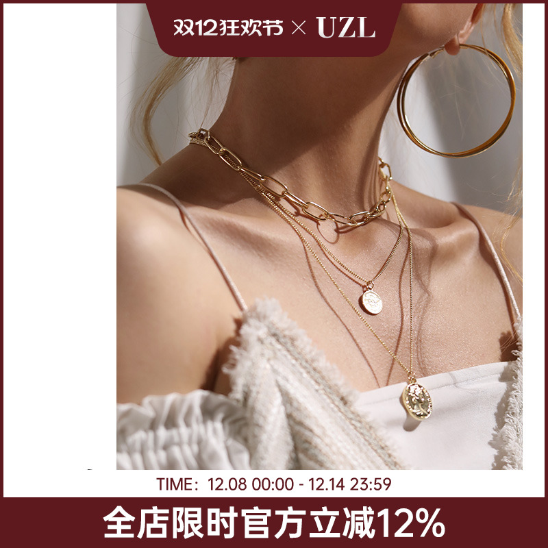 欧美时尚三层硬币项链 潮人网红配饰