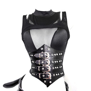 TDH原创 调香大师亚文化暗黑哥特透视上衣皮质腰封超短裙辣妹套装