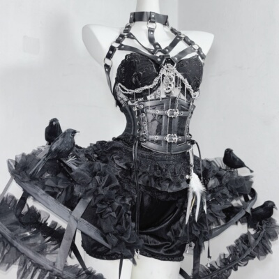 原创纯黑哥特肋骨造型鱼骨胸衣立体乌鸦蕾丝鸟笼短裙分体连衣裙子