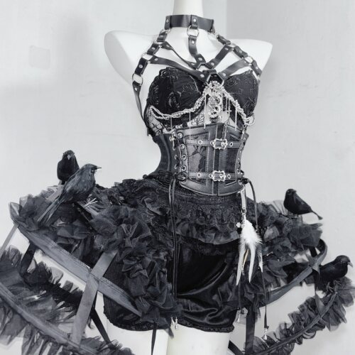 原创纯黑哥特肋骨造型鱼骨胸衣立体乌鸦蕾丝鸟笼短裙分体连衣裙子