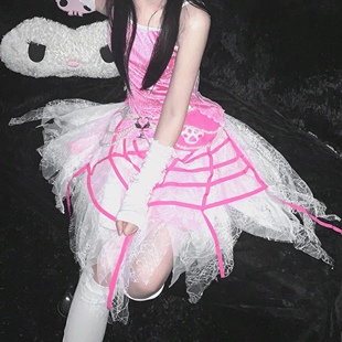 TDH原创*蛛网芭蕾芭比粉色亚文化暗黑蕾丝重工蜘蛛网创意剪裁半裙