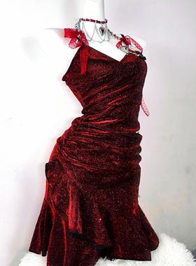 红恶魔之眼原创暗黑爆闪红色昭和公主性感包臀鱼尾连衣裙礼服裙子