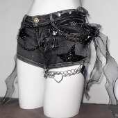 哥特亚文化立体手作装 饰美式 摇滚做旧水洗牛仔裤 TDH原创 超短裤 子