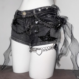 TDH原创*哥特亚文化立体手作装饰美式摇滚做旧水洗牛仔裤超短裤子