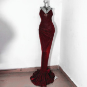 潮汐之心 TDH原创红色哥特爆闪亮片性感鱼尾裙连衣裙拖地礼服长裙