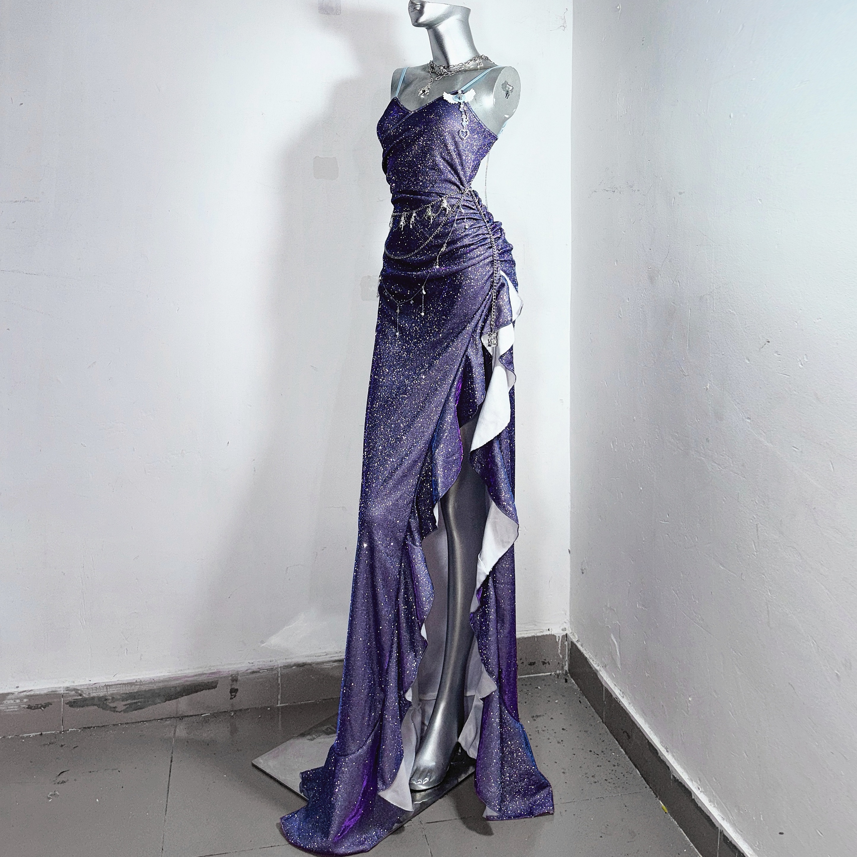 索菲亚*TDH原创暗黑爆闪渐变紫色公主性感开衩鱼尾连衣裙礼服裙子