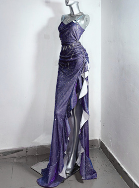 索菲亚*TDH原创暗黑爆闪渐变紫色公主性感开衩鱼尾连衣裙礼服裙子