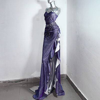 索菲亚*TDH原创暗黑爆闪渐变紫色公主性感开衩鱼尾连衣裙礼服裙子