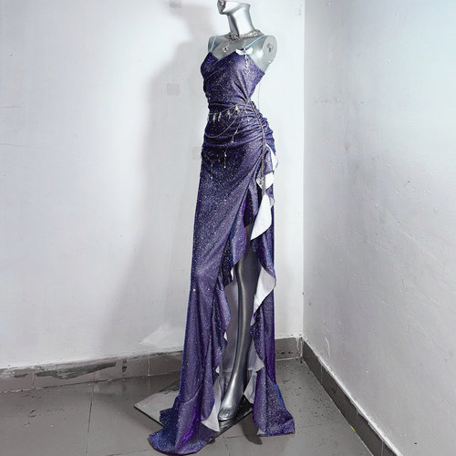 索菲亚*TDH原创暗黑爆闪渐变紫色公主性感开衩鱼尾连衣裙礼服裙子