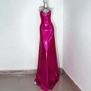 粉红故障TDH原创芭比粉色涩谷辣妹y2k复古吊带连衣裙大摆礼服长裙