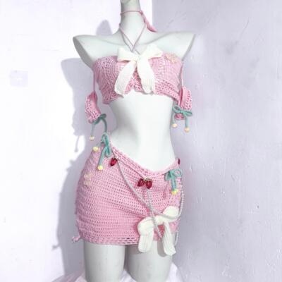 26再贩TDH原创*草莓奶油手作毛线钩针粉色上衣镂空罩裙辣妹套装女