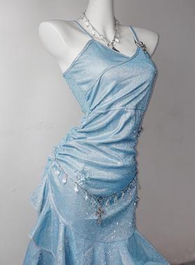 雪国宝藏*TDH原创手作蓝色昭和公主性感包臀鱼尾连衣裙爆闪小礼服
