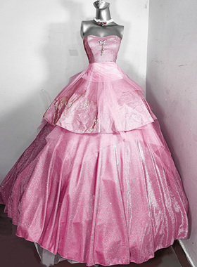 格琳达*TDH原创粉色偏光鎏金爆闪亮片华丽公主裙晚礼服拖地连衣裙