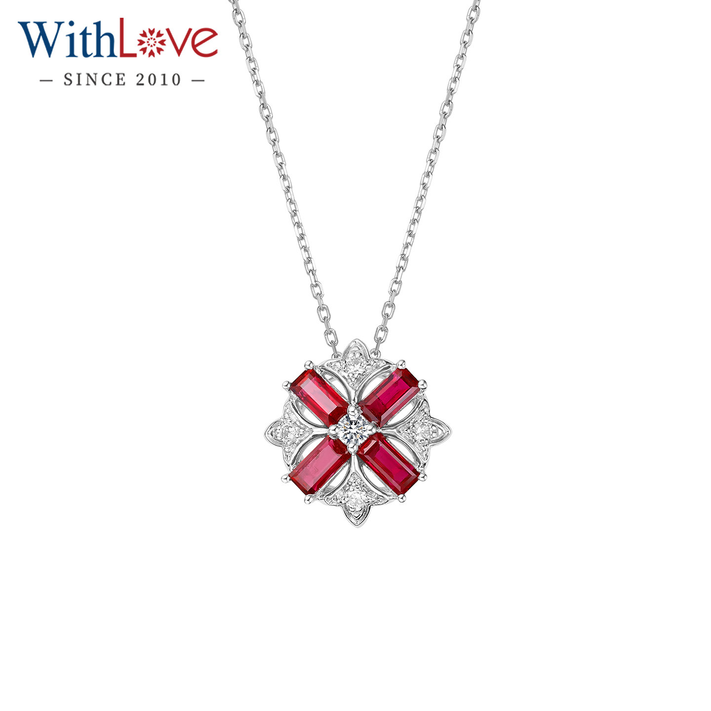 WithLove Pt950铂金红宝石群镶钻石欧式复古花纹吊坠轻奢送女友