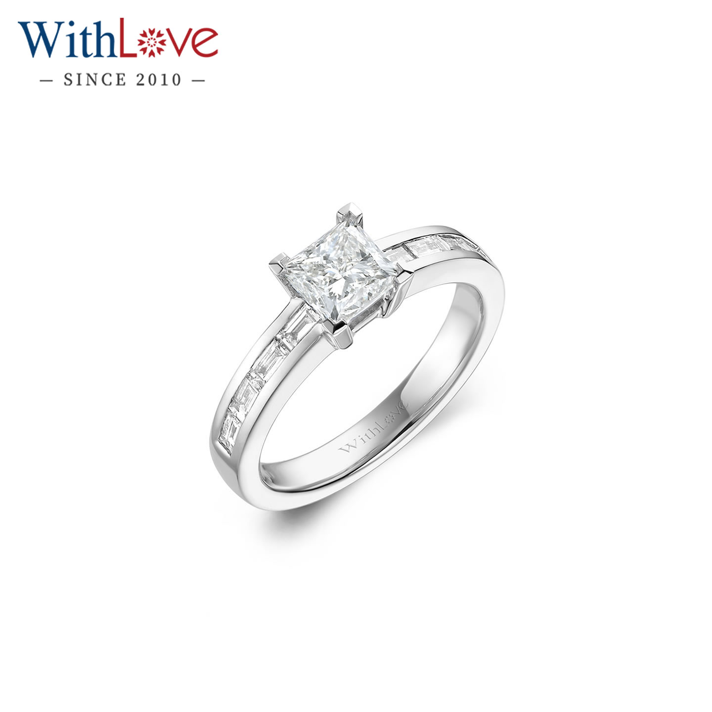 WithLove 白18K金70分公主方钻石方钻戒指群镶女士结婚钻戒定制