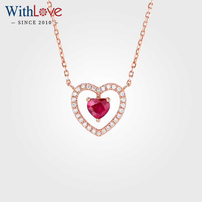 WithLove 玫瑰18K金心形红宝石群镶钻石项链锁骨链真钻正品送女友