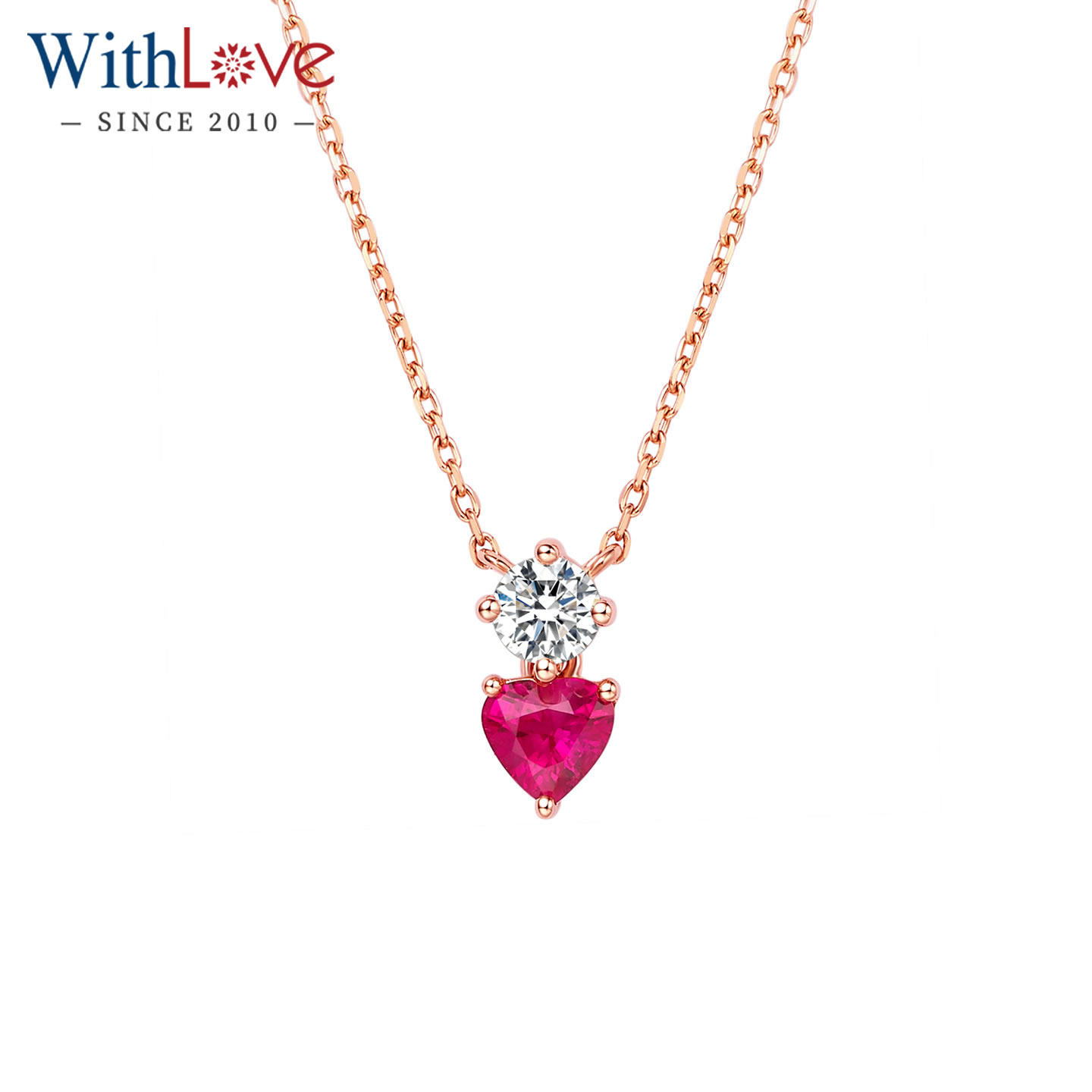 WithLove 玫瑰18K金心形红宝石钻石项链锁骨链单钻真钻正品送女友