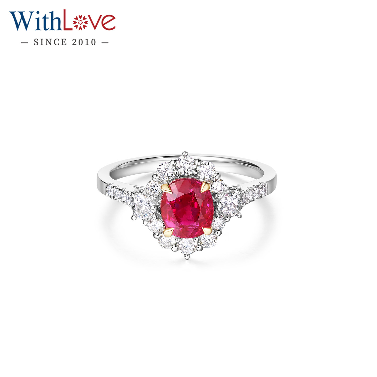 WithLove 18K金垫形天然红宝石1.5克拉豪华群镶钻石戒指女