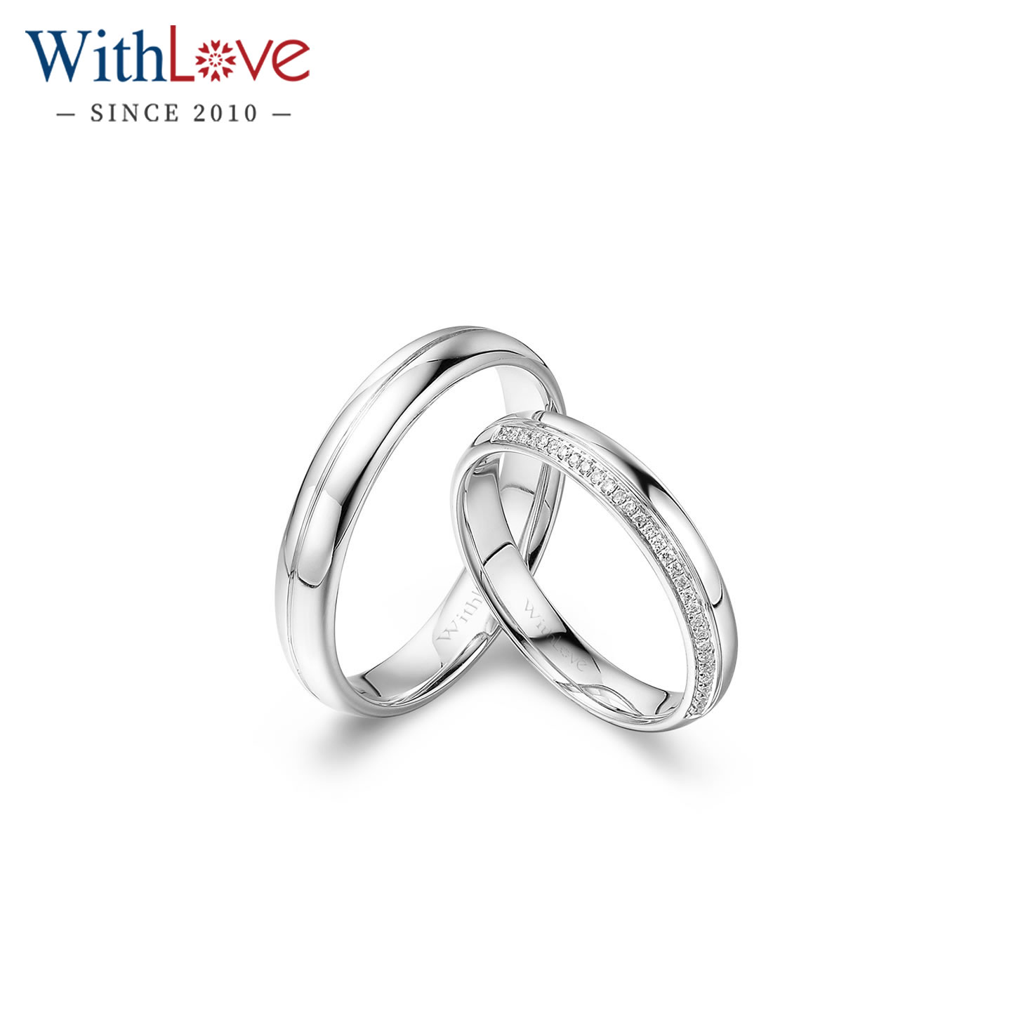 WithLove 白18K金排钻女戒素金男戒情侣对戒结婚刻字订婚钻石戒指