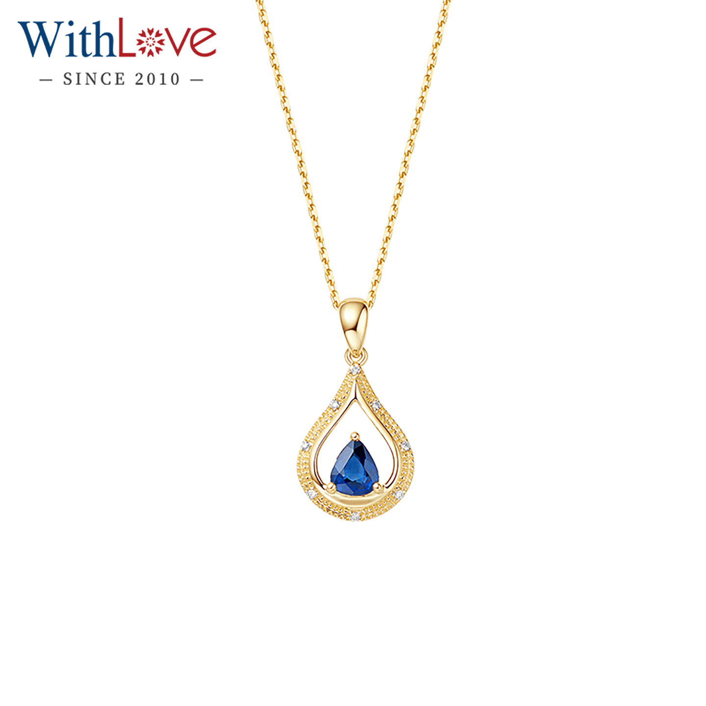 黄18K金水滴形蓝宝石钻石吊坠