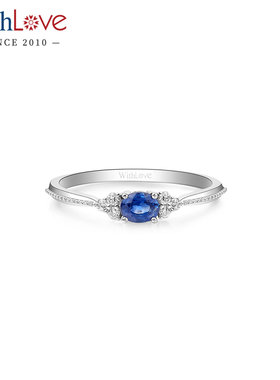 WithLove 18K金椭圆形蓝宝石戒指群镶钻石真钻轻奢时尚气质女戒