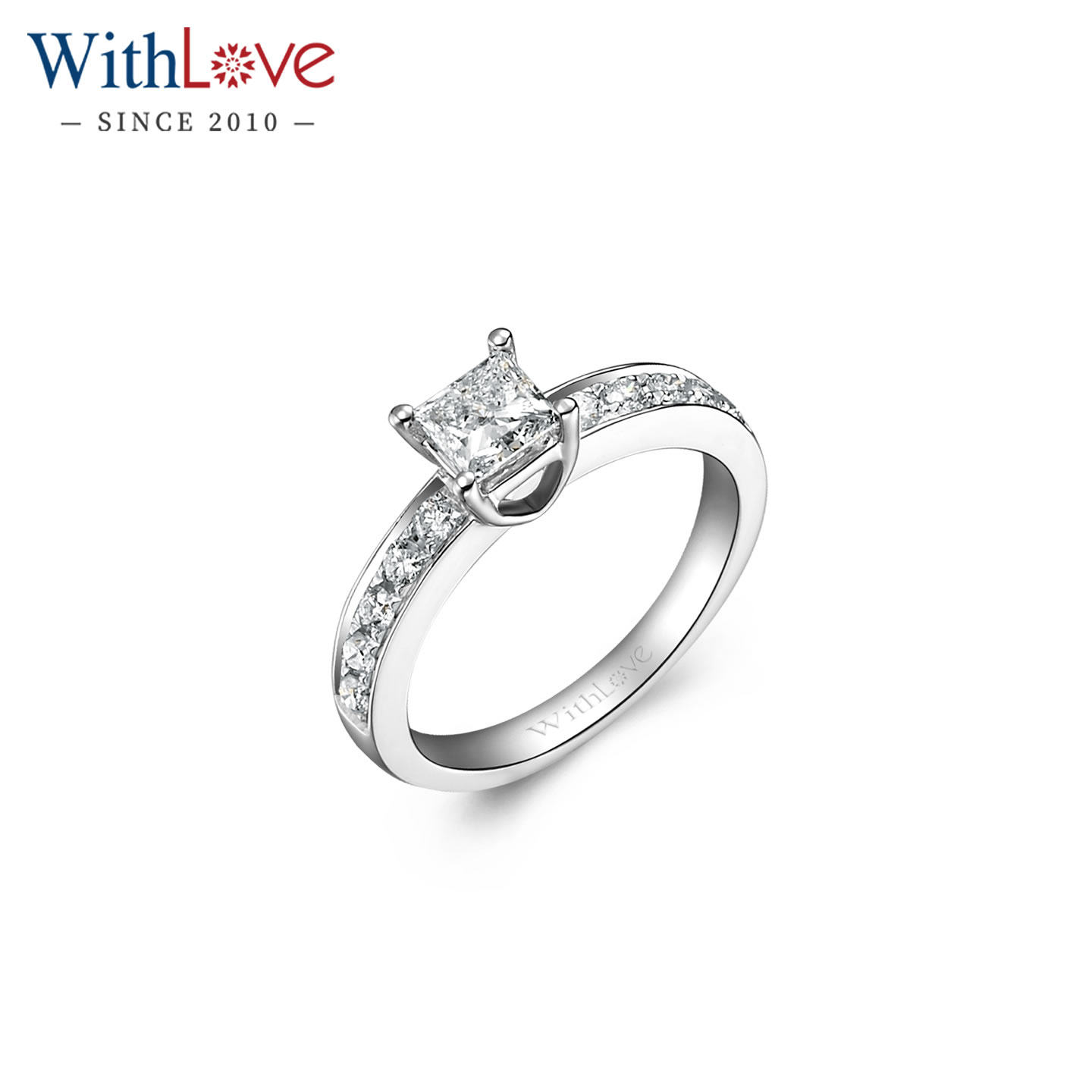 WithLove唯爱品越 白18K金60分群镶公主方钻戒 欧美方形婚戒女戒