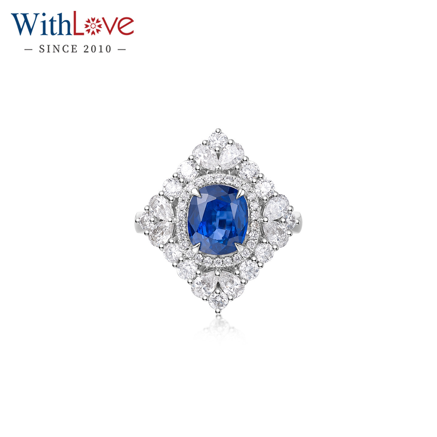 WithLove 18K金垫形有烧皇家蓝蓝宝石2克拉围镶菱形钻石戒指定制