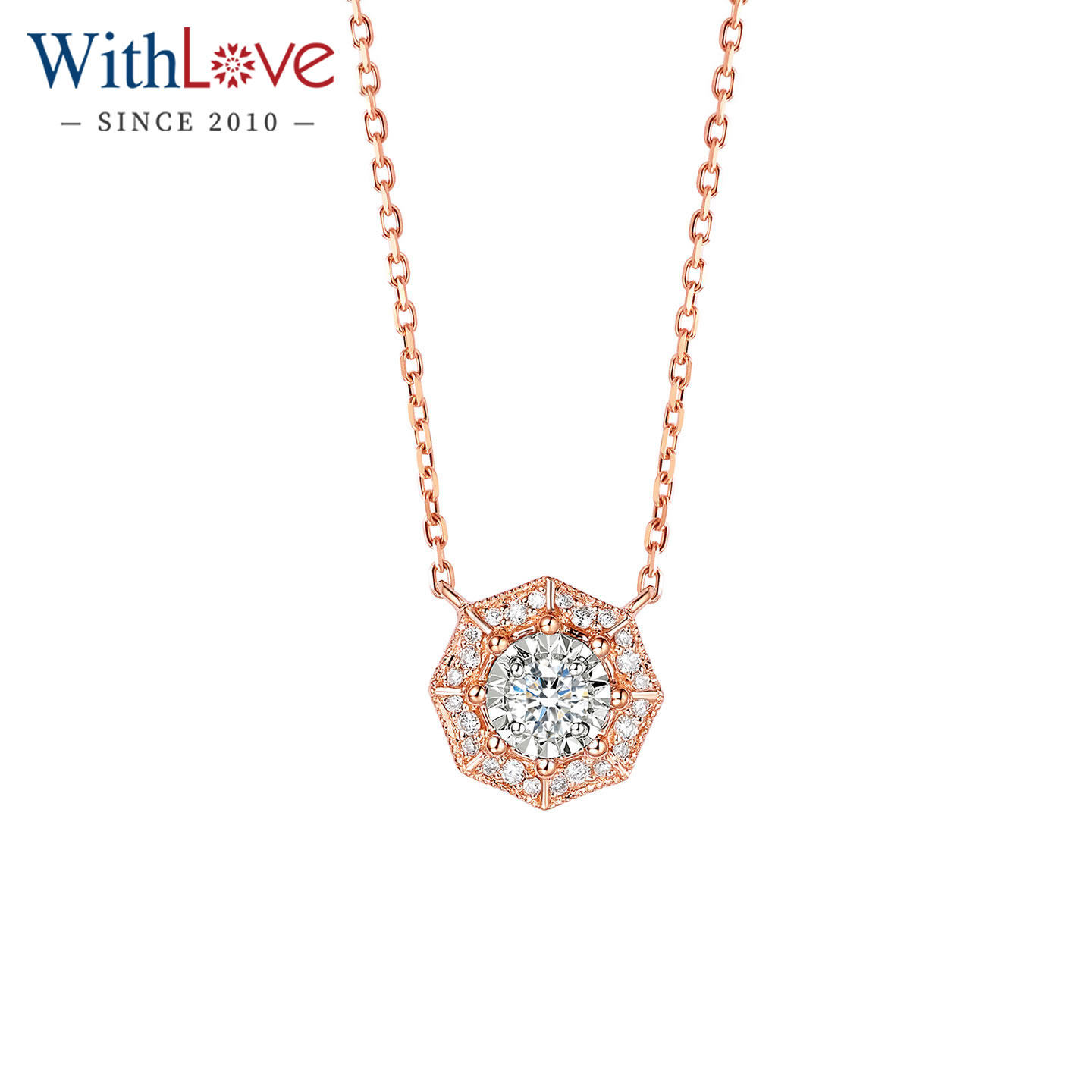 WithLove 玫瑰18K金群镶钻石项链车花工艺显大真钻女士吊坠锁骨链